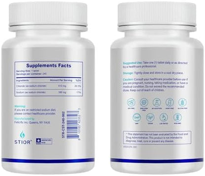 Stior pure salt tablets nutritional label displaying supplement facts and 1 gram sodium chloride dosage.