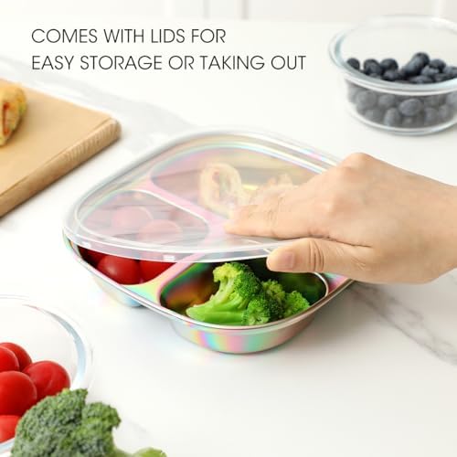 Stacked Aieve stainless steel plates showing storage convenience