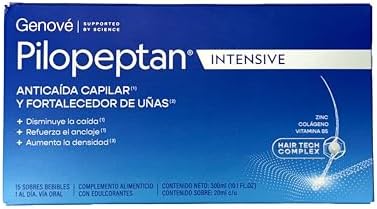 Pilopeptan Genove hair loss and nail repair supplement packaging showing ingredients and benefits.