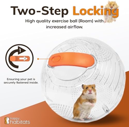 Happy Habitats clear plastic exercise toy for Roborovski hamsters packaging view.