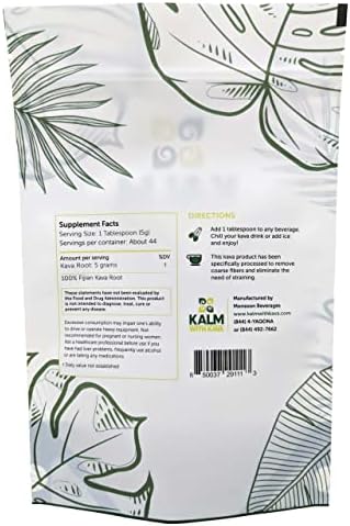 Back view of Kalm With Kava micronized noble powder packaging showing product details and directions for use