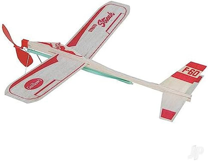 Guillow 60 Strato Streak rubber powered motorplane fully assembled with landing gear ready for outdoor flight launch.