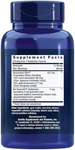 Life Extension Optimized Resveratrol Elite nutritional supplement facts label