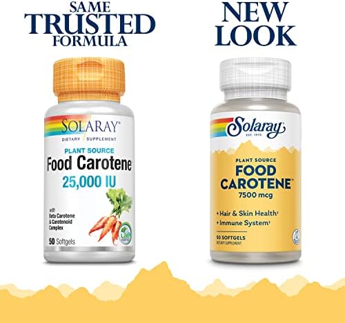Solaray plant source beta carotene 50 softgels packaging display highlighting wellness benefits