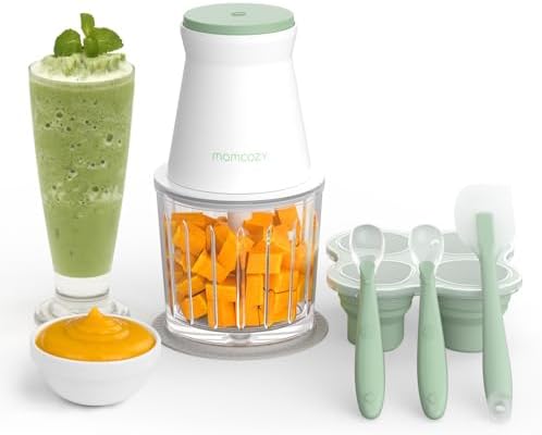 Momcozy baby food processor blending fresh orange vegetable puree inside glass container