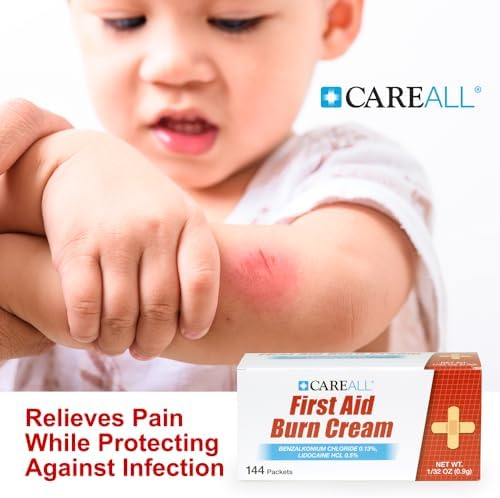 Individual 0.9 gram packets of CareAll pain relieving cream showing ingredient list