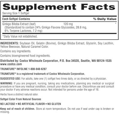 Authentic USA imported Trunature Ginkgo Biloba brain wellness supplement softgels
