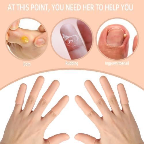 Nude silicone gel toe caps being trimmed with scissors for a custom fit.