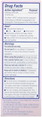 Back label of Boiron Calendula Ointment with directions for minor burns and cuts