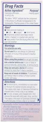 Back label of Boiron Calendula Ointment with directions for minor burns and cuts