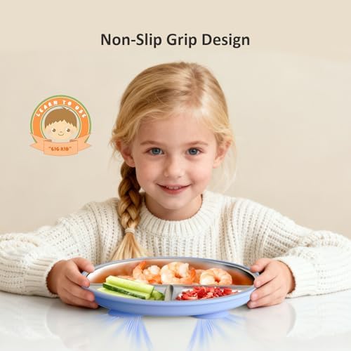 Bakpoco gray and blue kids dinnerware set on highchair tray