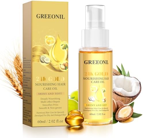 GREEONIL 24K Gold Hair Serum front view showcasing gold flakes inside the bottle