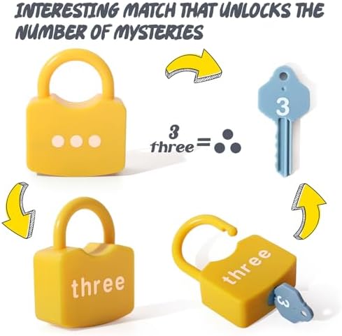 Preschool number matching game pieces with spelled-out number words on bright plastic locks.
