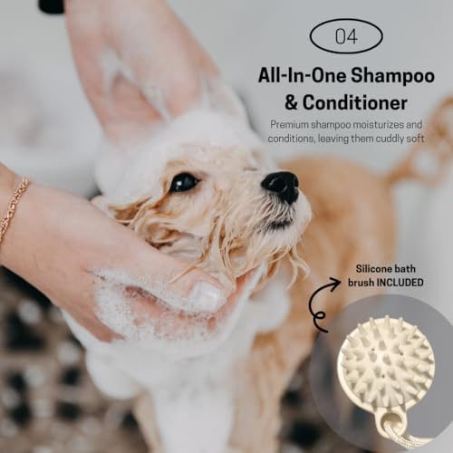 Close-up of the soft silicone grooming brush included with the pet shampoo.