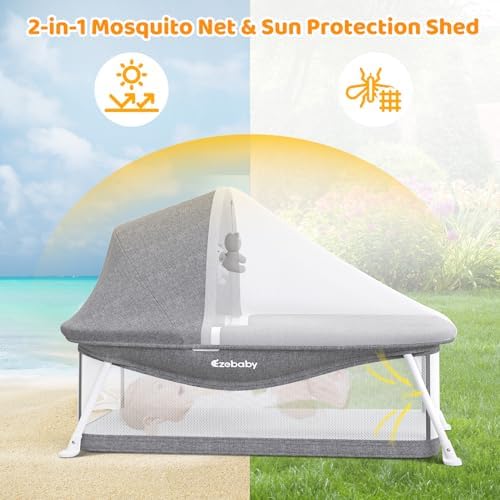 Ezebaby infant crib showcasing the integrated mosquito net zipped for outdoor bug protection.