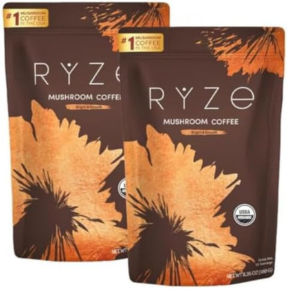 RYZE SUPERFOODS Organic Mushroom Instant Coffee Starter Kit front view showing the product packaging.