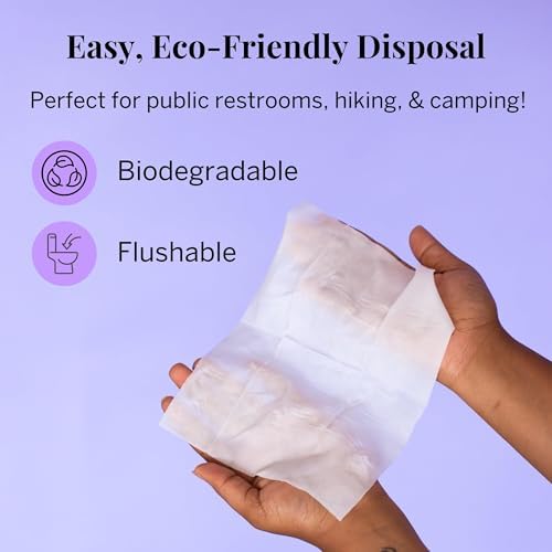 Compact feminine wipes being removed from a travel bag for public restroom use