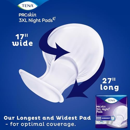 Side view of TENA plus size overnight bladder control pads packaging detailing product dimensions