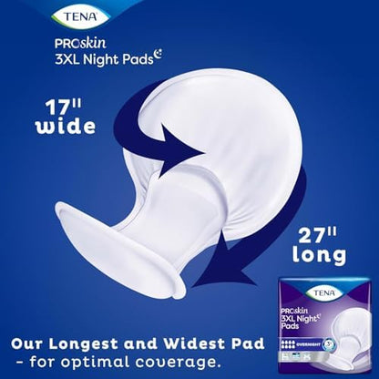 Side view of TENA plus size overnight bladder control pads packaging detailing product dimensions
