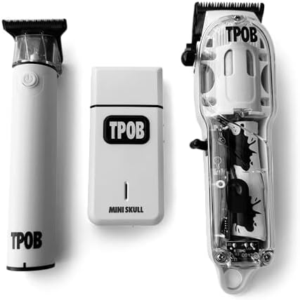 TPOB Slime 2 cordless barber clipper in hybrid matte white highlighting the five-indent metal clicking lever.
