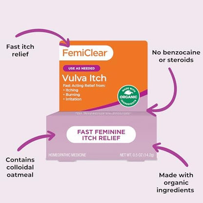FemiClear external vaginal relief ointment for fast acting itch and burn treatment.