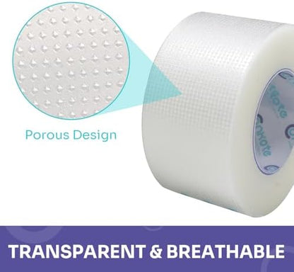 Breathable transparent surgical adhesive tape for securing medical devices.
