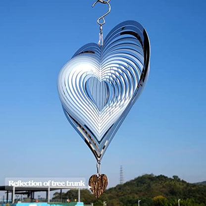 Close up of 12 inch reflective heart wind spinner metal finish