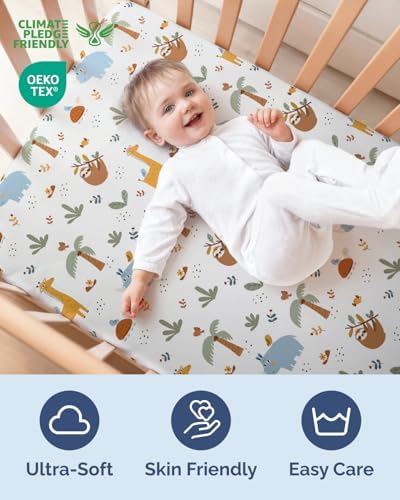CGK Unlimited fitted microfiber crib sheets showcasing the close-up safari pattern details