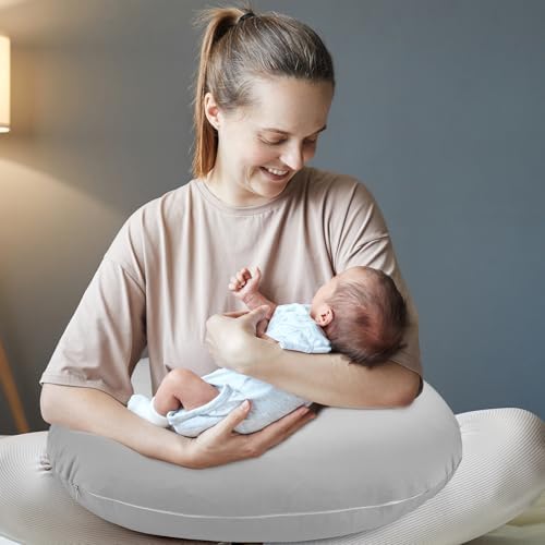 Hooyax grey nursing pillow slipcover on standard baby feeding pillow