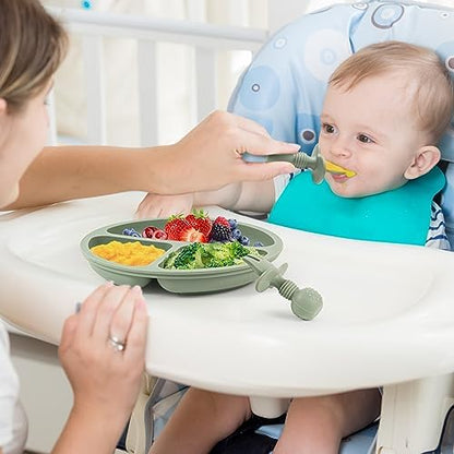 Close up of Eascrozn self feeding baby utensils highlighting the built-in protective choke guard barrier