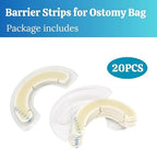 Beige elastic medical adhesive strips applied as an extension on an ostomy appliance.