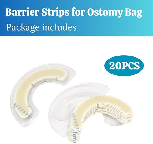 Beige elastic medical adhesive strips applied as an extension on an ostomy appliance.