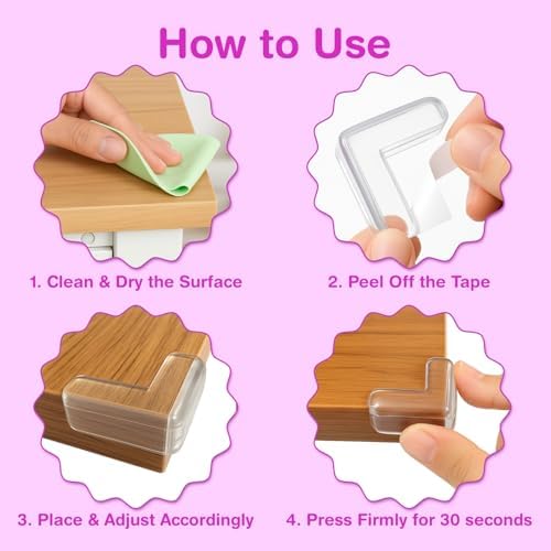 Demonstration of baby safety corner protector on sharp desk edge