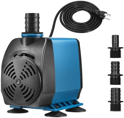 TONGCHANT 60W aquarium pump showing the three included interchangeable nozzle attachments.