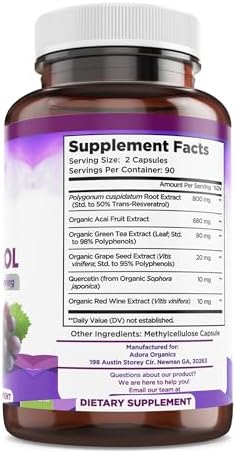 Biodora Resveratrol 1600 milligrams supplement bottle nutritional facts label