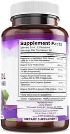 Biodora Resveratrol 1600 milligrams supplement bottle nutritional facts label