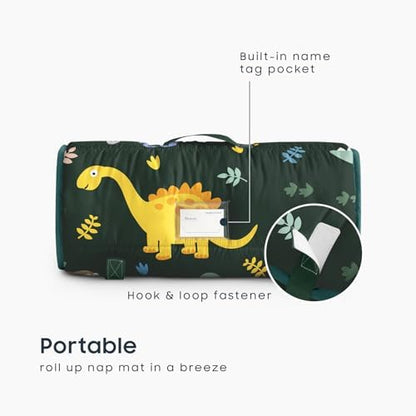 Close up view of the integrated name tag pocket on the dinosaur nap mat