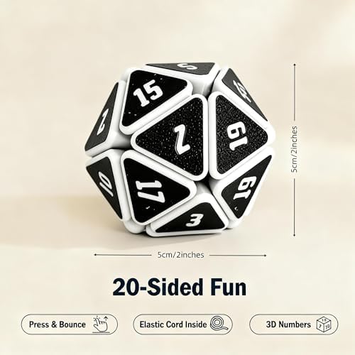 Side angle of the Venshy squishable twenty sided sensory dice being compressed by fingers to show elastic flexibility.