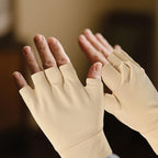 Close up of the breathable nylon texture and open-finger design for dexterity.