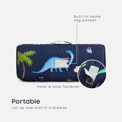 Wake In Cloud preschool sleeping bag rolled up with hook and loop fasteners and carrying handle.