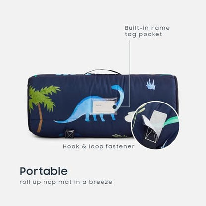 Wake In Cloud preschool sleeping bag rolled up with hook and loop fasteners and carrying handle.