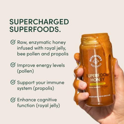 Close-up of the nutritional facts on BeeKeeper's Naturals raw medicinal-grade superfood honey container.