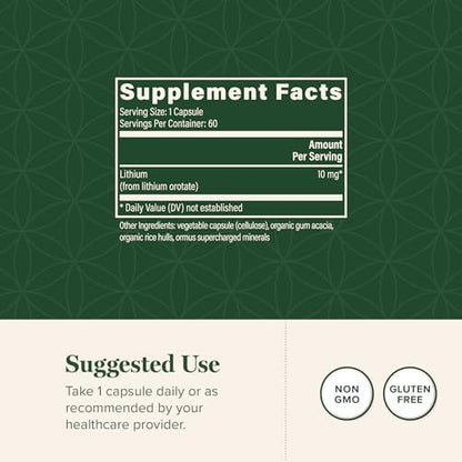 Full packaging of Global Healing Lithium Orotate 10mg 60 capsules for natural cognitive wellness.