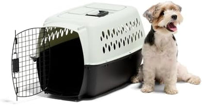 Petmate travel pet crate in pale aqua and black showing the heavy duty hardware and easy tool free assembly setup.