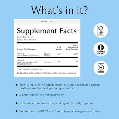 Close up of Needed Prenatal Vitamin D3 and K2 supplement bottle label