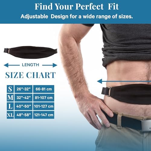 Black small size medical abdominal catheter holder belt laid flat to show soft poly-cotton material.