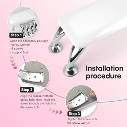 Detailed view of the sturdy non-slip metal legs on the nail arm rest.