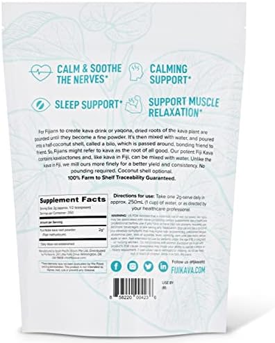 FijiKava 100 percent Noble Kava Root Powder packaging back details and directions