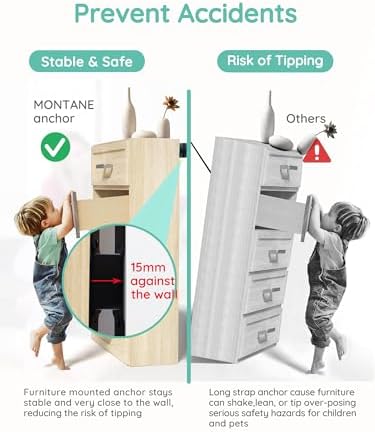 Montane heavy duty wall anchor securing a tall bookshelf to prevent tip over hazards.