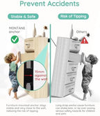 Montane heavy duty wall anchor securing a tall bookshelf to prevent tip over hazards.
